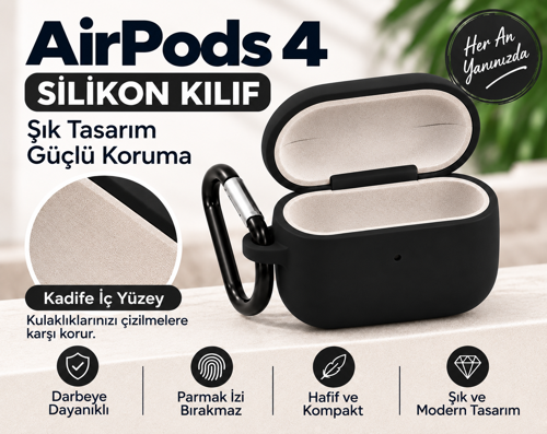 AirPods 4 Kılıfı 4. Nesil Uyumlu İçi Kadife Silikon Kancalı Koruyucu Kılıf Kaymaz Darbe Korumalı