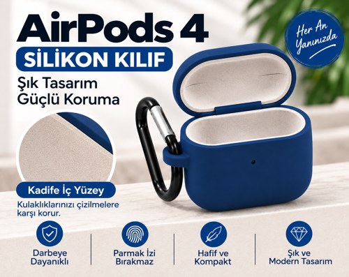 AirPods 4 Kılıfı 4. Nesil Uyumlu İçi Kadife Silikon Kancalı Koruyucu Kılıf Kaymaz Darbe Korumalı
