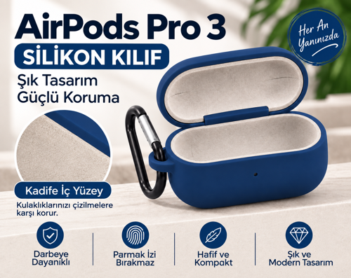 AirPods Pro 3 Kılıf İçi Kadife Silikon Kancalı Koruyucu Kılıf Kaymaz Darbe ve Çizilme Korumalı