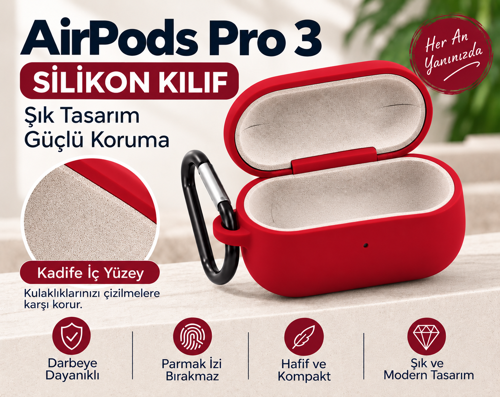 AirPods Pro 3 Kılıf İçi Kadife Silikon Kancalı Koruyucu Kılıf Kaymaz Darbe ve Çizilme Korumalı
