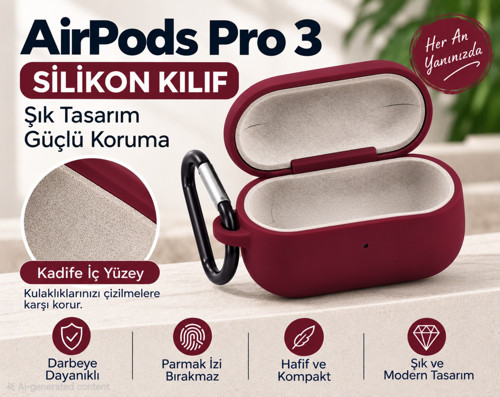 AirPods Pro 3 Kılıf İçi Kadife Silikon Kancalı Koruyucu Kılıf Kaymaz Darbe ve Çizilme Korumalı