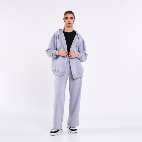 Kadın Gri Normal Kalıp Basic Beli Lastikli Kapüşonlu Oversize Mevsimlik Alt Üst Eşofman Takımı