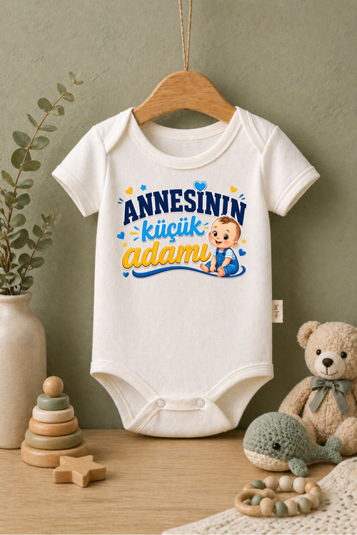 Bebek Zıbın Yazılı Annesinin Küçük Adamı Baskılı %100 Pamuk Kısa Kol Body (Yenidoğan & Bebek)