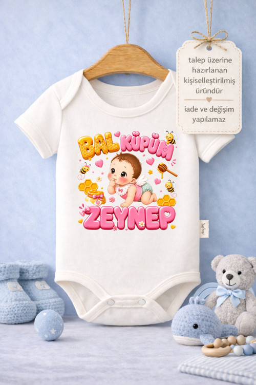 Bebek Zıbın Yazılı Bal Küpüm (İsimli) Baskılı %100 Pamuk Kısa Kol Body (Yenidoğan & Bebek)