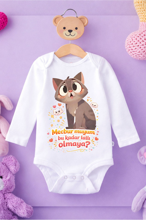 Bebek Komik Yazılı Zıbın Tatlı Kedi Baskılı %100 Pamuk Body