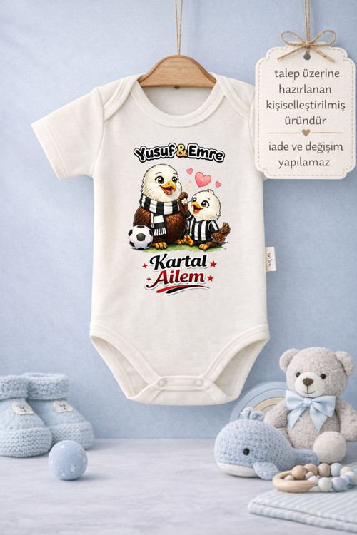 Bebek Zıbın Komik Yazılı İsimli Kartal Ailem Baskılı %100 Pamuk Body (Yenidoğan & Bebek)