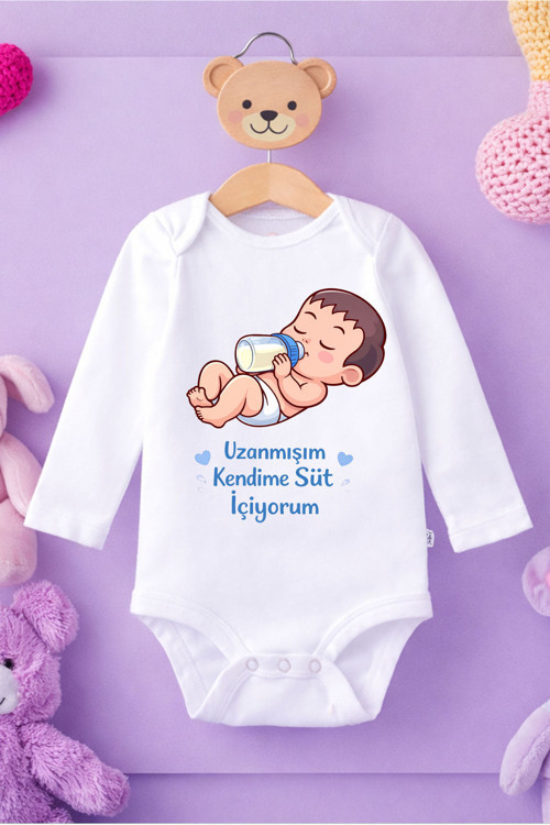 Bebek Komik Yazılı Zıbın Süt İçiyorum (Erkek) Baskılı %100 Pamuk Body