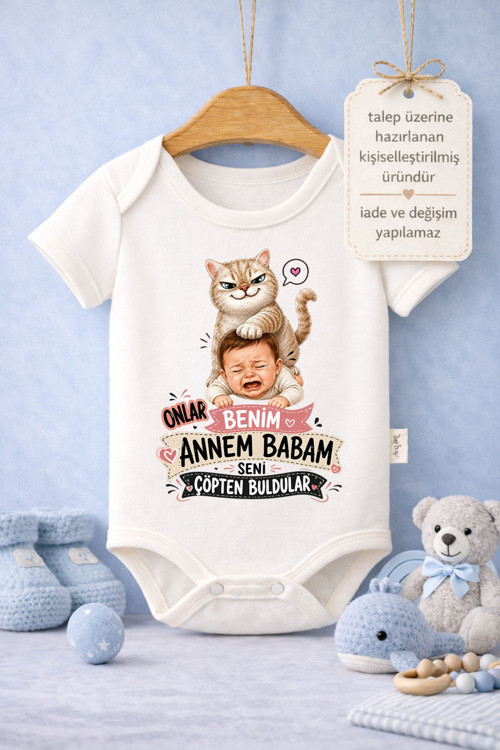 Bebek Zıbın Yazılı Seni Çöpten Buldular Baskılı %100 Pamuk Kısa Kol Body (Yenidoğan & Bebek)