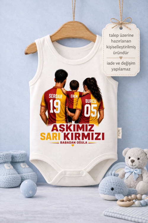 Bebek Zıbın Yazılı Sarı Kırmızı Ailem Baskılı %100 Pamuk Atlet Kol Body (Yenidoğan & Bebek)