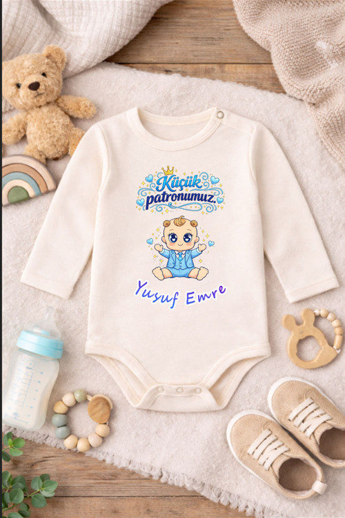 Bebek Zıbın Yazılı Komik Küçük Patronumuz(Erkek) Baskılı %100 Pamuk Body (Yenidoğan & Bebek)