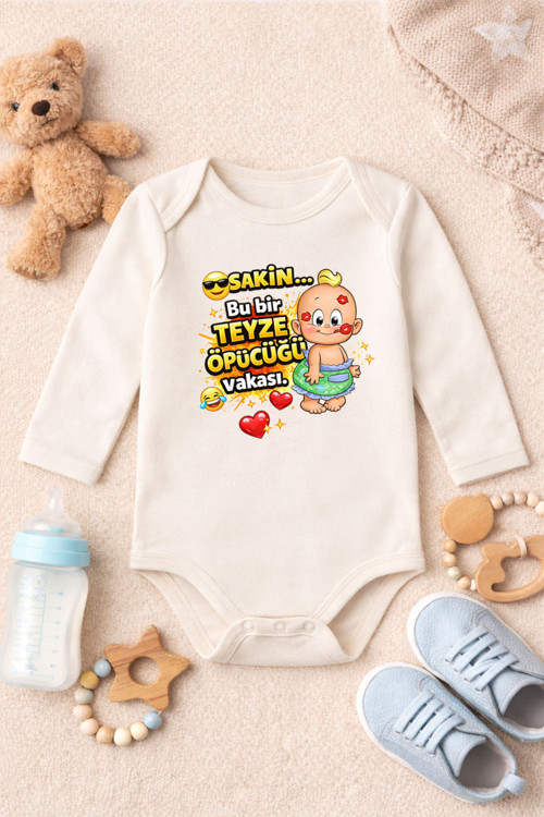 Bebek Komik Yazılı Zıbın Teyze Öpücüğü Baskılı %100 Pamuk Body