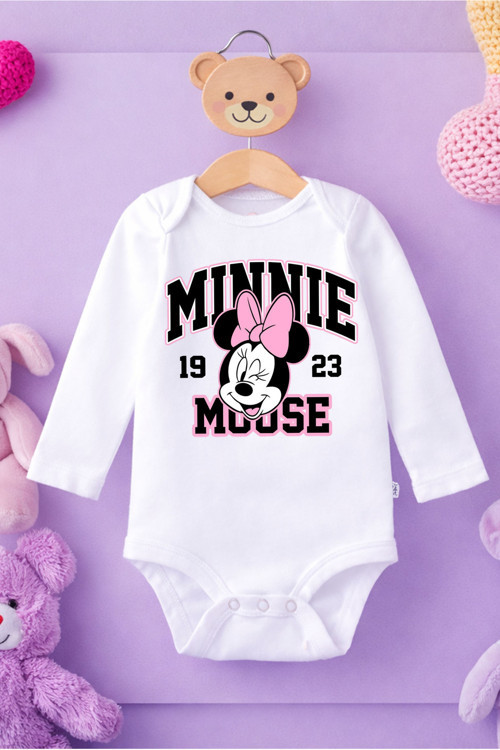 Bebek Komik Yazılı Zıbın Mınnıe Mouse Baskılı %100 Pamuk Body