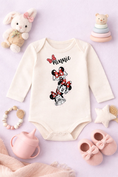 Bebek Zıbın Komik Yazılı Minnie Mause Baskılı %100 Pamuk Body (Yenidoğan & Bebek)