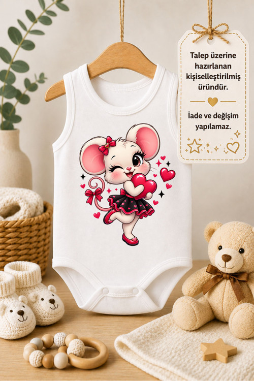 Bebek Zıbın Minik Fare Baskılı %100 Pamuk Atlet Kol Body (Yenidoğan & Bebek)