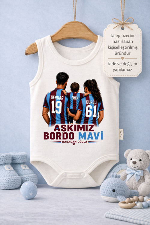 Bebek Zıbın Yazılı Bordo Mavi Ailem Baskılı %100 Pamuk Atlet Kol Body (Yenidoğan & Bebek)