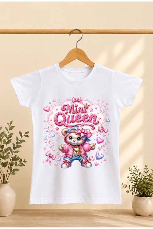 Çocuk T-Shirt Yazılı Mini Queen Baskılı %100 Pamuk Kısa Kol T-Shirt