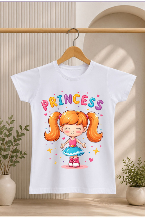 Çocuk T-Shirt Yazılı Prenses Baskılı %100 Pamuk Kısa Kol T-Shirt
