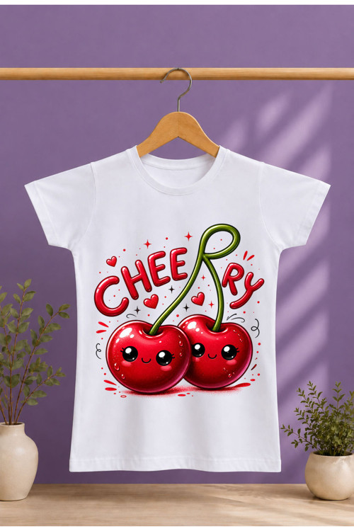 Çocuk T-Shirt Yazılı Cheerry Baskılı %100 Pamuk Kısa Kol T-Shirt