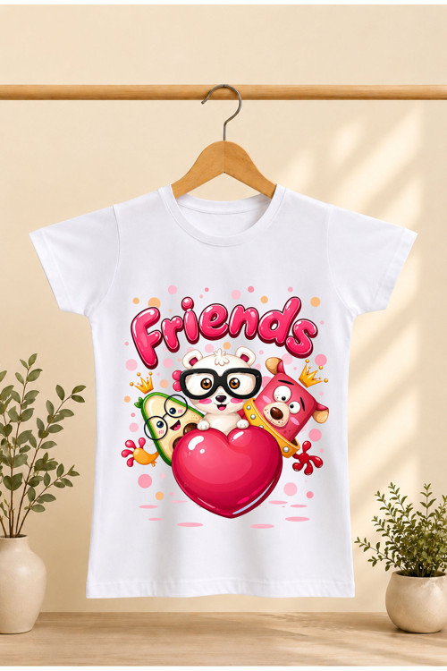Çocuk T-Shirt Yazılı Arkadaş Baskılı %100 Pamuk Kısa Kol T-Shirt