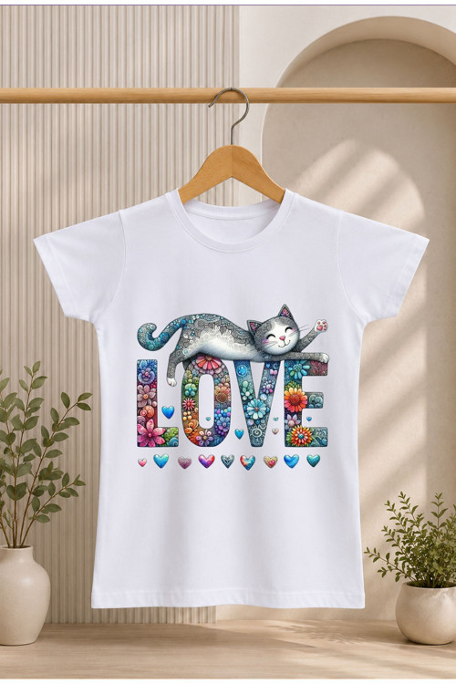 Çocuk T-Shirt Yazılı Love Cat Baskılı %100 Pamuk Kısa Kol T-Shirt