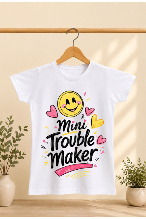 Çocuk T-Shirt Yazılı Mini Trouble Maker Baskılı %100 Pamuk Kısa Kol T-Shirt