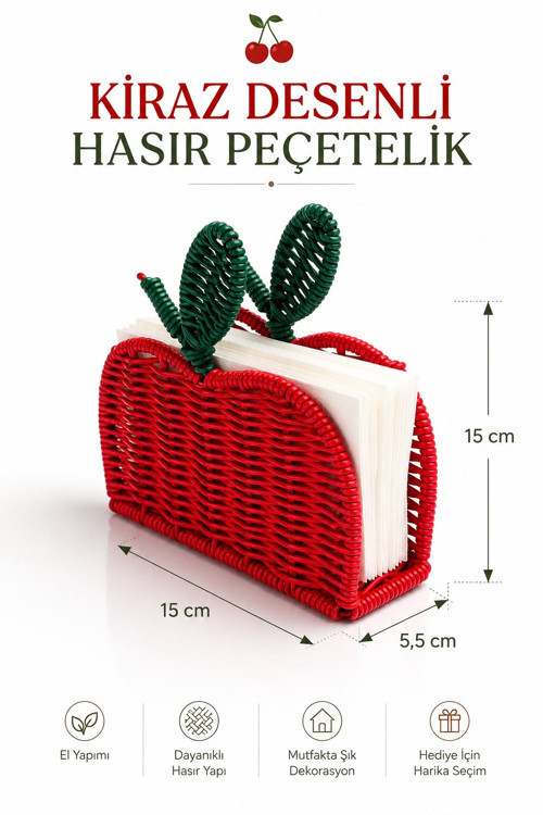 Kiraz Şeklinde Hasır Detaylı Peçetelik 15.5x4 cm