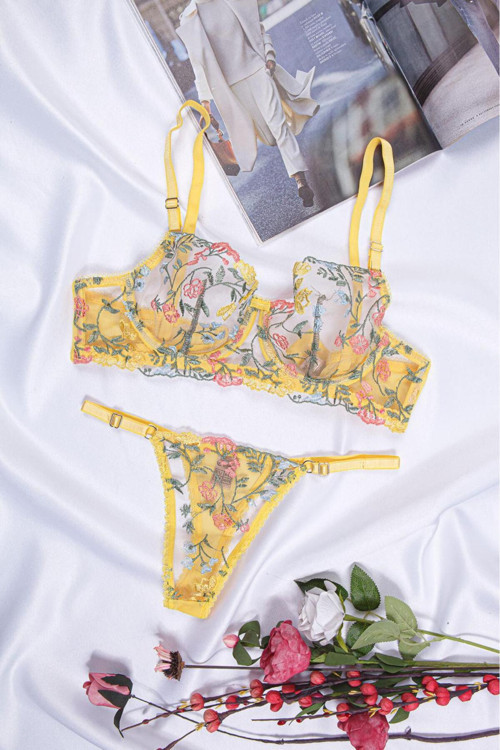 Çift Renk Nakışlı Dantelli B Kap Brode Sütyen-Tanga Takımı