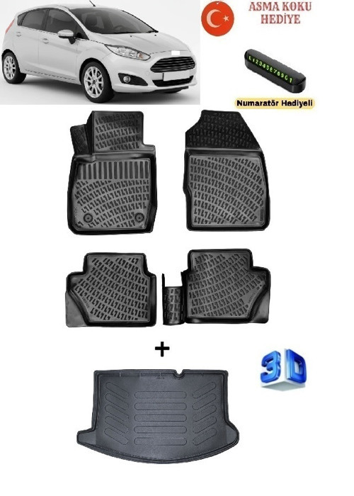 Ford Fiesta 2009-2017 Yılları Arası Uyumlu 3D Havuzlu Paspas ve Bagaj Havuzu Seti ASMA KOKU VE NUMARATÖR HEDİYEL