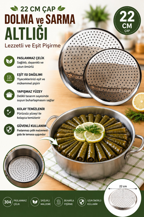 Paslanmaz Çelik Dolma ve Sarma Altlığı – Pizza lahmacun tepsisi - Sarma ve dolma yapışma önleyici 22cm