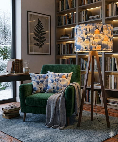 Otay Living Özel Tasarım 3D Dijital Baskılı Kış Evleri Desenli Kumaş Lambader Başlığı ( Sadece Başlık )