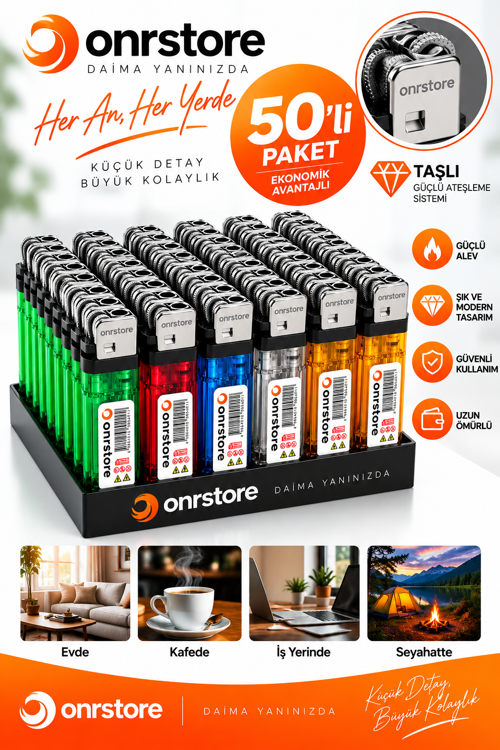 50’li Paket Taşlı Gaz Dolumlu Çakmak Renkli Şeffaf Gövde Ekonomik Set