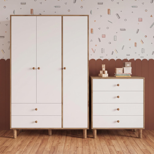 TK3010 Bunny Sepet-Beyaz 3 Kapaklı Gardırop 4 Çekmece Şifonyer Yüksek Ayaklı Bebek Çocuk Odası Takım