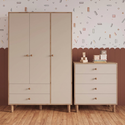 TK3020 Bunny Sepet-Kumtaşı 3 Kapaklı Gardırop 4 Çekmece Şifonyer Yüksek Ayak Bebek Çocuk Odası Takım