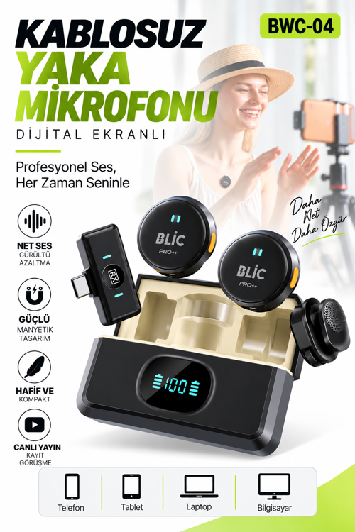Pro++ BWC-04 Type-C 2.4G Kablosuz İkili Yaka Mikrofonu – Dijital Göstergeli, Manyetik Tasarımlı