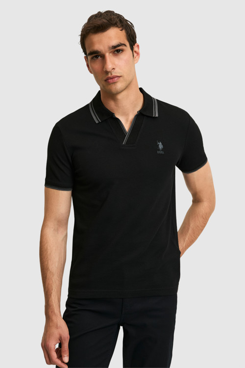 Erkek Slim Fit Polo Yaka Siyah Tişört50323894-VR046