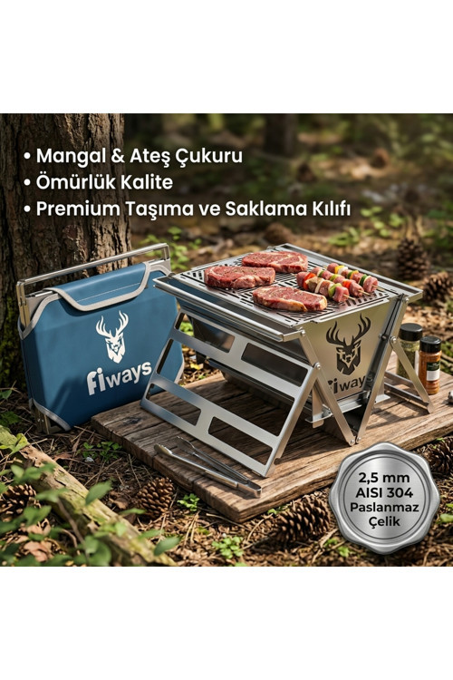 ATLAS 304 Paslanmaz Çelik 2.5 mm Katlanır Kamp Mangalı Ve Ateş Çukuru Ultra Dayanıklı Koruma Kılıflı