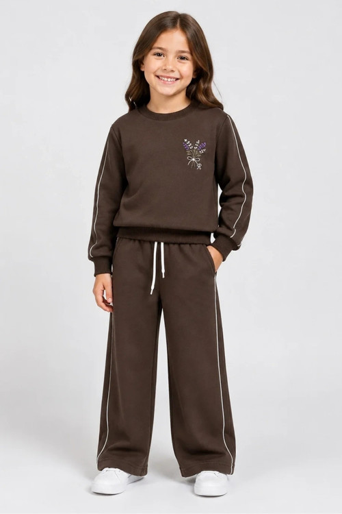 Kız Çocuk Kahverengi Çiçek Nakışlı Omuz Biyeli Sweatshirt ve Palazzo Eşofman Takımı