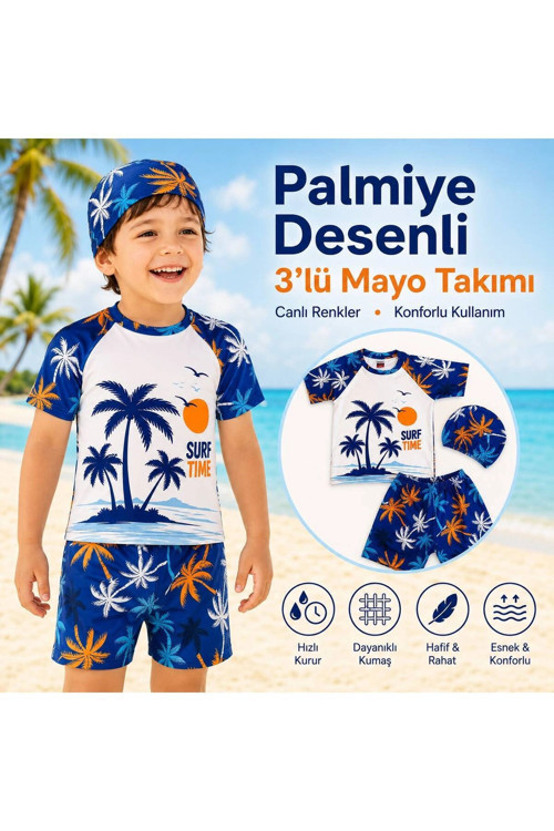 Erkek Çocuk Palmiye Desenli 3’lü Mayo Takımı Tişört Şort Bone Set