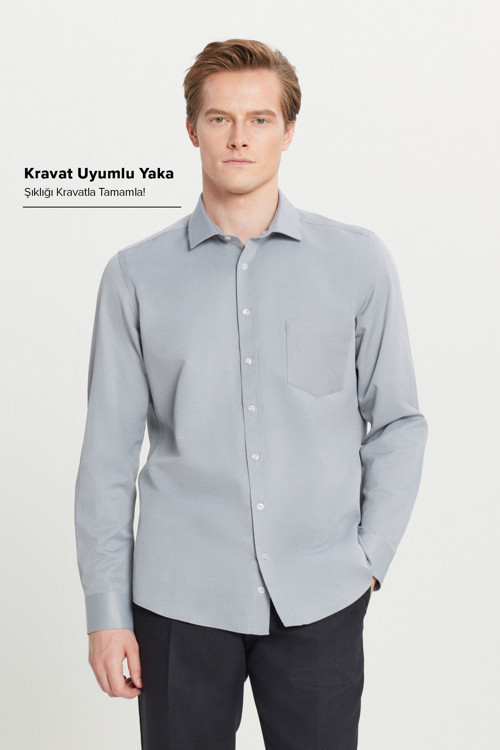 Erkek Gri Pamuklu Tailored Slim Fit Dar Kesim Klasik Yaka Armürlü Cepli Gömlek