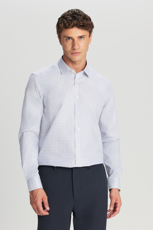 Erkek Mavi-Beyaz Ütü Gerektirmeyen %100 Pamuk Slim Fit Klasik Yaka Armürlü Gömlek