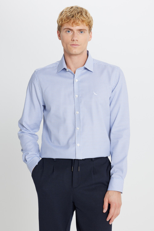 Erkek Mavi Haki Ütü Gerektirmeyen %100 Pamuk Slim Fit Klasik Yaka Armürlü Gömlek