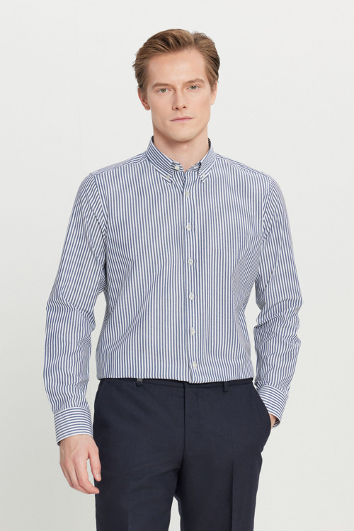 Erkek Beyaz-Antrasit Pamuklu Tailored Slim Fit Dar Kesim Düğmeli Klasik Yaka Çizgili Gömlek