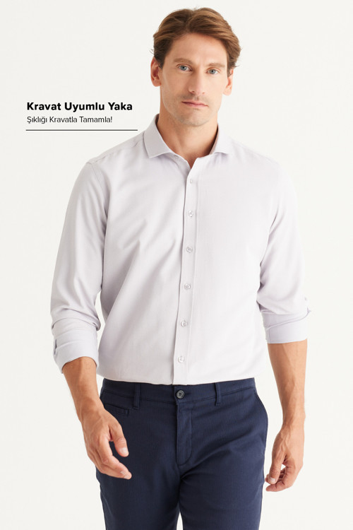 Erkek Gri Kolay Ütülenebilir Slim Fit Dar Kesim İtalyan Yaka Armürlü Basic Gömlek