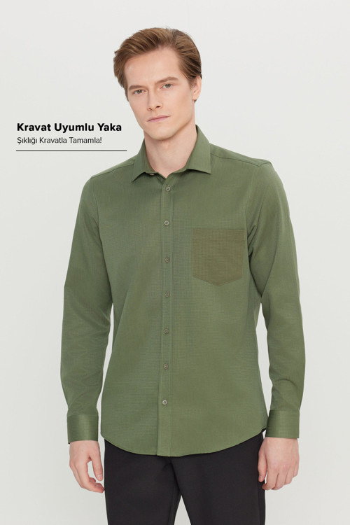 Erkek Haki Pamuklu Tailored Slim Fit Dar Kesim Klasik Yaka Armürlü Cepli Gömlek