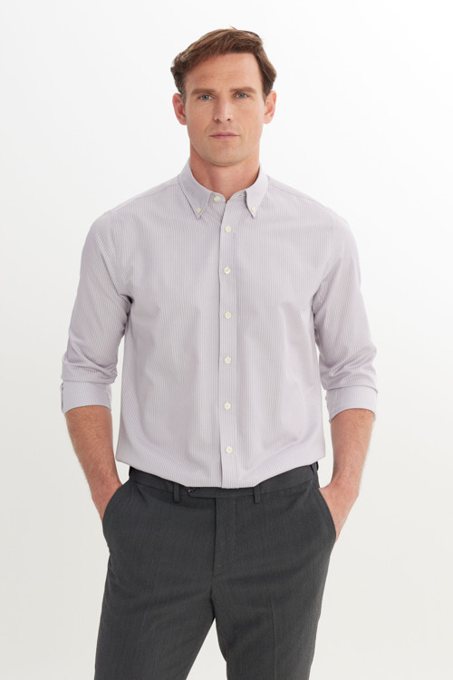 Erkek Gri Pamuklu Slim Fit Dar Kesim Düğmeli Yaka Çizgili Gömlek