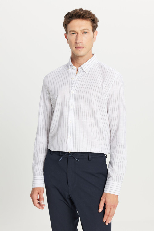 Erkek Gri %100 Pamuk Slim Fit Dar Kesim Düğmeli Yaka Armürlü Gömlek