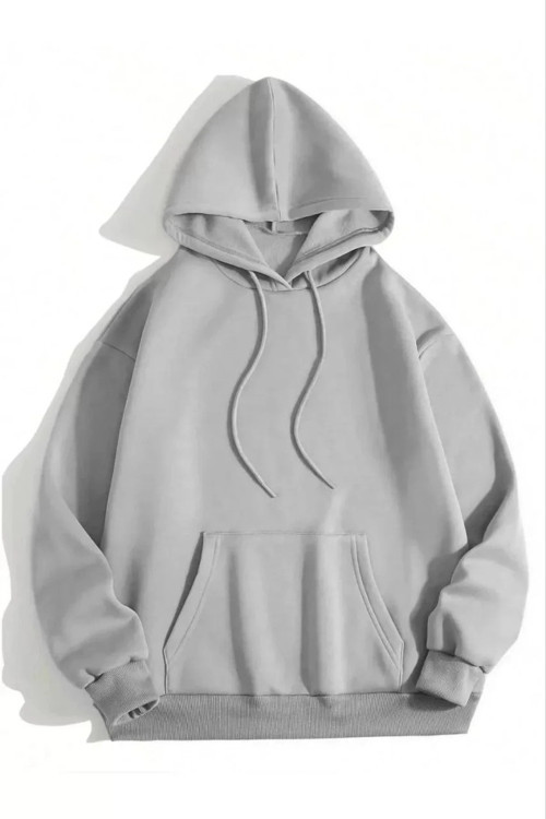 Kadın Kapüşonlu Kanguru Cepli 3 İplik Pamuklu Düz Hoodie Sweatshirt - Gri