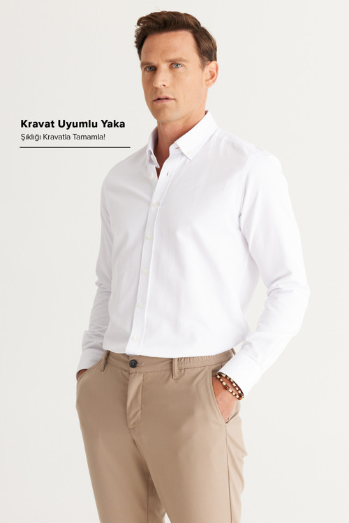 Erkek Beyaz Slim Fit Dar Kesim Oxford Düğmeli Yaka Armürlü Pamuklu Gömlek