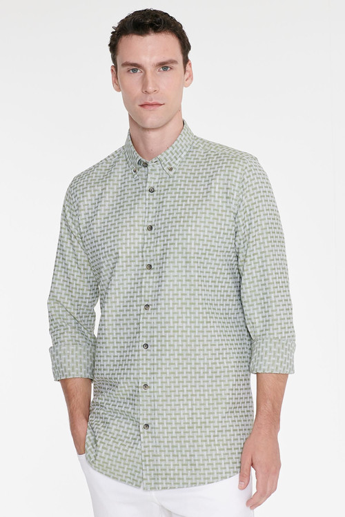 Erkek Yeşil %100 Pamuk Slim Fit Dar Kesim Düğmeli Yaka Armürlü Gömlek