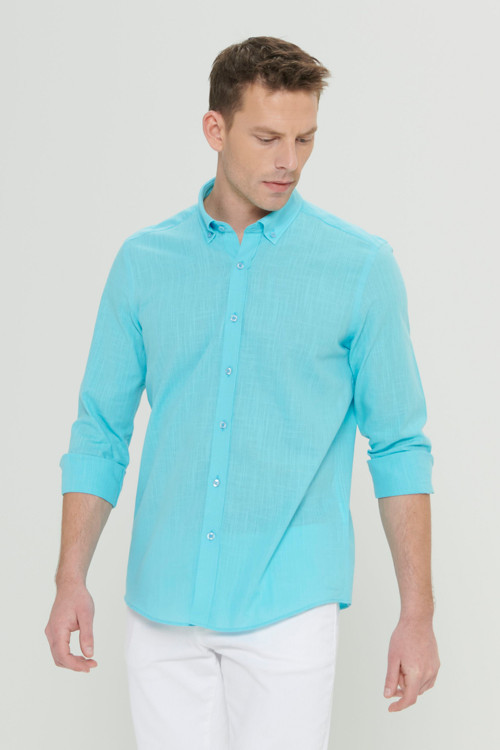 Erkek Turkuaz %100 Pamuk Oxford Slim Fit Dar Kesim Düğmeli Yaka Flamlı Gömlek